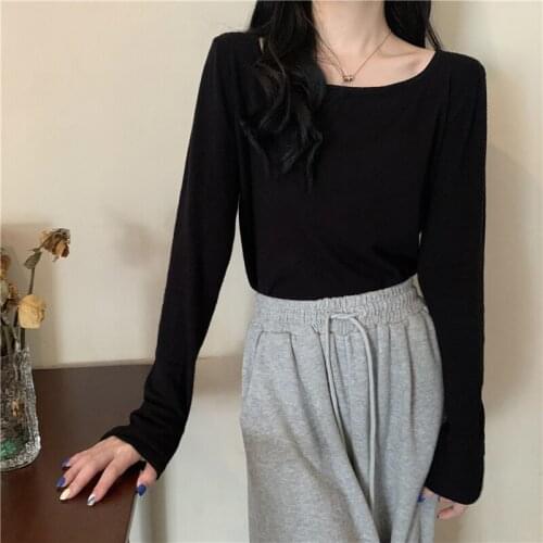 2021 spring and autumn new hot long-sleeved solid color loose-knit sweater blouse U-neck bottoming shirt