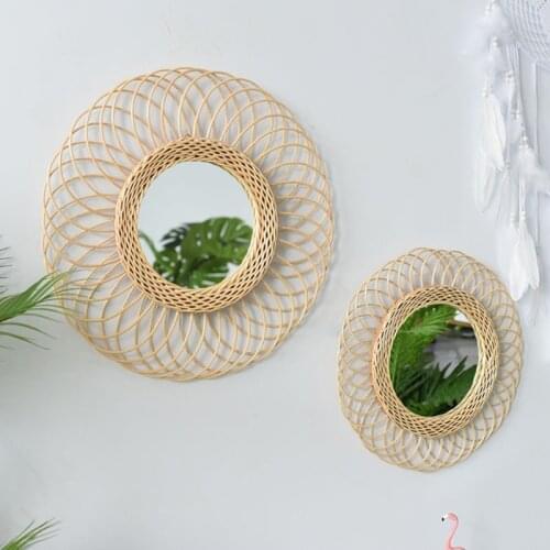 Hollow Flower Border Rattan Woven Wall Mirror Innovative Art Decoration Home Decor Mirror Sun Shape Decorative Makeup
