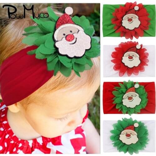 Powmuco 15*9 CM Toddler Fashion Elastic Nylon Hairband Handmade Chiffon Flower Headband with Cartoon Santa Claus Christmas Gifts