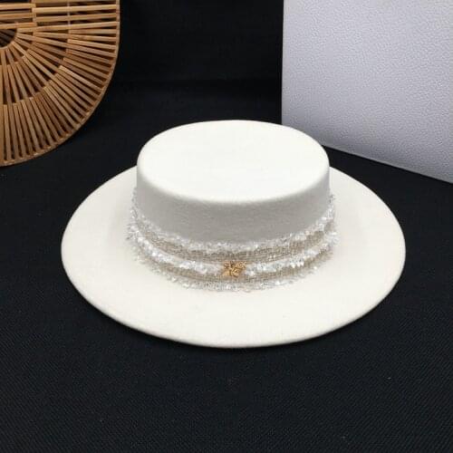 Fedora panama White wool hat edition style ceiling cap pure color sun hat female elegant temperament hat