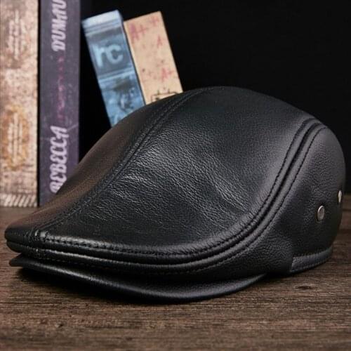 SILOQIN men earmuffs hats natural cowhide leather hat mens genuine leather berets fashion brand caps winter warm leather cap
