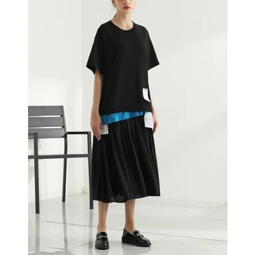 Irregular Stitching loose and fashionable Short-sleeved Black T-shirt Dresses