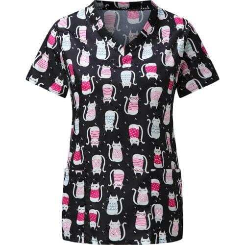 Cartoon Cat Print spa uniform beauty salon Pet shop uniforms Animal Printed Working clothes 2021 women workwear Nursing uniforme