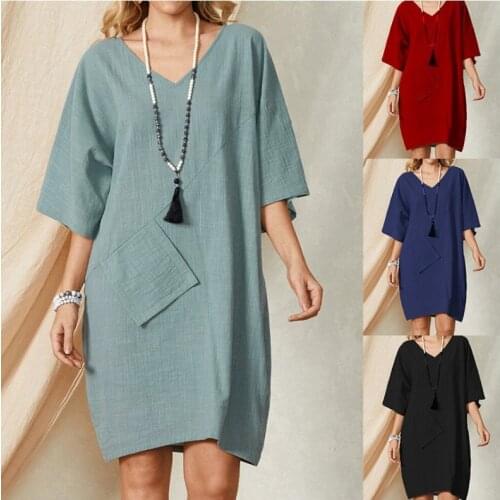 Womens short-sleeved V-neck solid color cotton and linen belt pocket casual loose and comfortable knee-length skirt