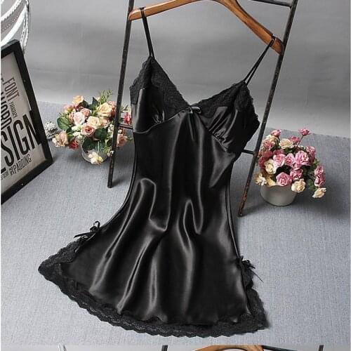 Women Black Sexy V-Neck Lace Trim Nightdress Sleepwear Sleeveless Pajama