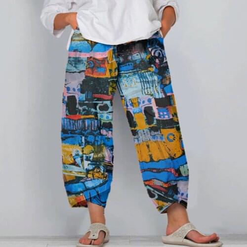 Women Pants Vintage Print Cotton And Linen Elastic Waist Harem Pants Plus Size Loose Comfortable Trousers Summer Wide Leg Pants