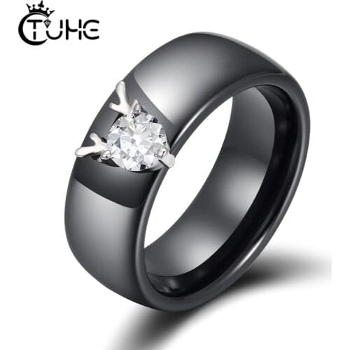 Christmas Elk Antlers 8mm Ceramic Ring Plus Big AAA Crystal 925 Sterling Silver For Women Black White Ceramic Rings Wedding Gift