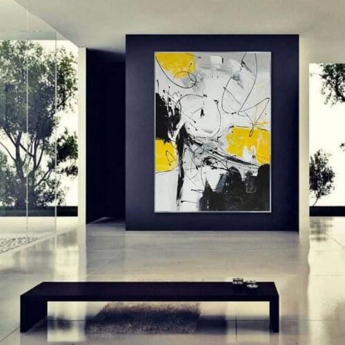 100% Hand Painted Oil Paintings Wall Pictures Yellow Black Gray Lines Abstract Wall Art Canvas Wall Home Decor Frameless