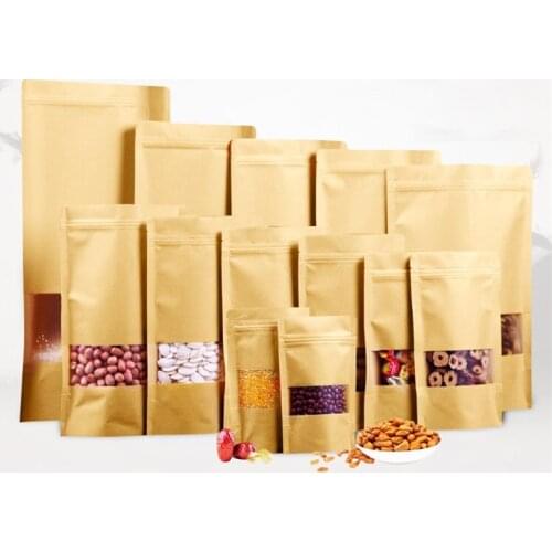 100pcs 18*26cm Stand Up Doypack Zipper Kraft Paper Pack W/ Clear Window Bags For Food Coffee Storage Resealable ZipLock Bag