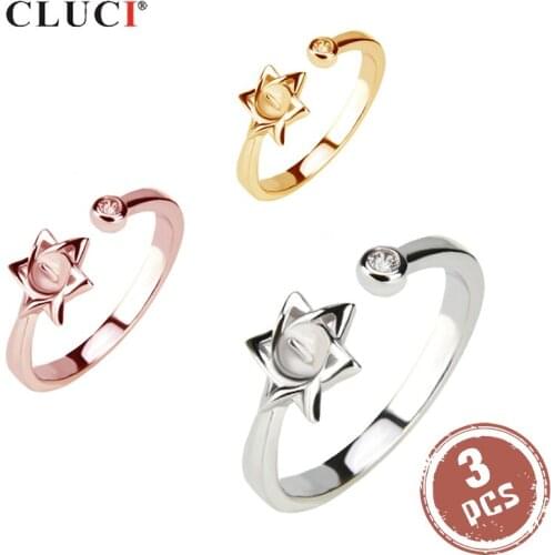 CLUCI 3pcs Silver 925 Star Ring for Women Valentine Gift Jewelry Adjustable Simple Zircon Pearl Ring Mounting SR2059SB