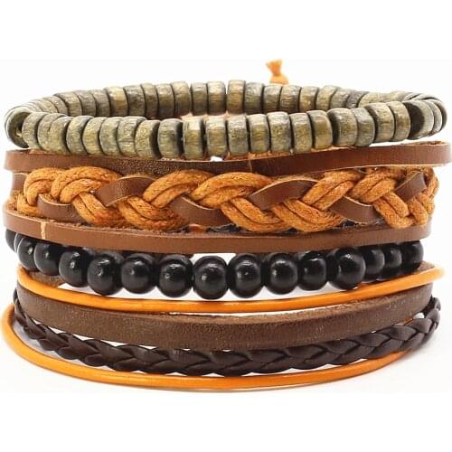 4 Pcs/set Fashion Vintage Rope Handmade Bead Woven Genuine Leather Men Bracelets For Women Male Homme Men Jewelry Accessories