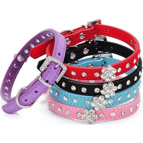 Diamond Flower Cowhide Leather PU Shining Dog Collar Rhinestone Soft Pet Leash Set Puppy Little Medium Dog Neck Accessories