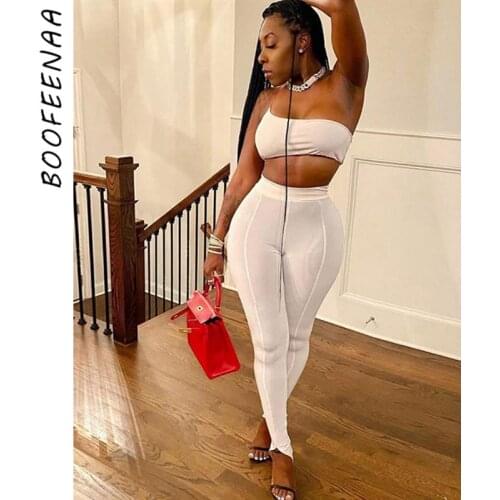 BOOFEENAA Sexy 2 Piece Outfits for Women White Crop Top Slit Pants Matching Sets for Women Fashion Clothes Club Outfits C87-CD31