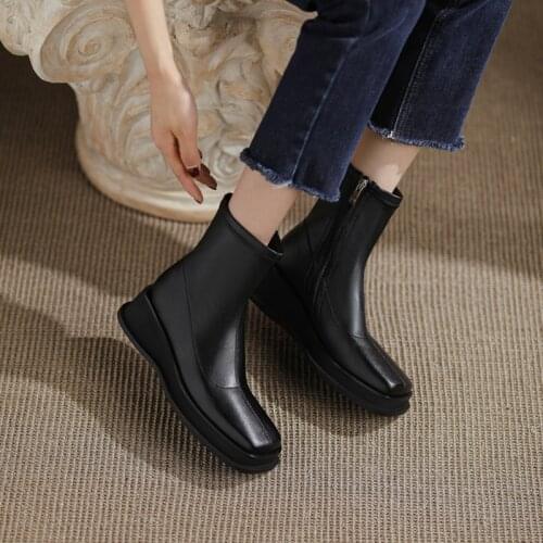 Concise Shoes Woman Autumn Winter Newest Platform Wedges Heels Winter Boots Genuine Leather Fashion Party Working Boots Boots