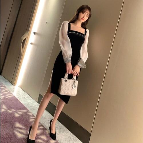 Brand Designer Hepburn Style Runway Dress 2020 Long Sleeve Split Black Dress Woman Summer Dresses Ladies Elegant Roupa Feminina