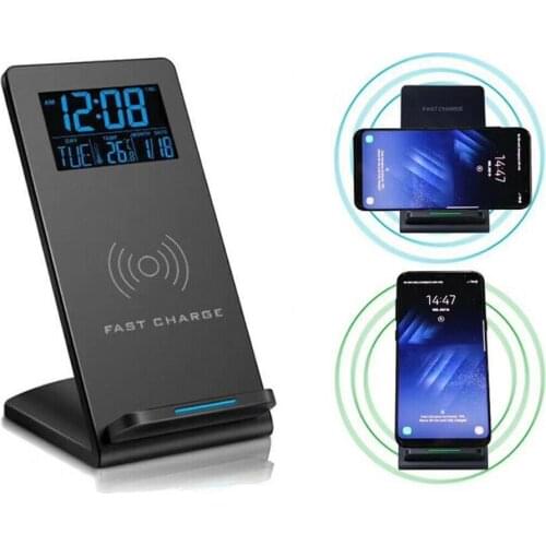 LCD Digital Alarm Clock with Fast Wireless Charger Phone Holder Qi Charging Pad Digital Thermometer Snooze Wake Up Desk Clock