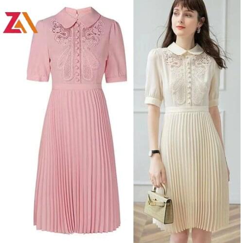 ZALady Designer Office Work Style OL Midi Dresses Fashion Solid Embroidery Summer Vintage Chic Korean Pleated dress femme robes
