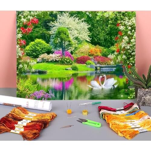Landscape Spring Printed Water-Soluble Canvas 11CT Cross Stitch Full Kit DIY Embroidery DMC Threads Handmade work Decor