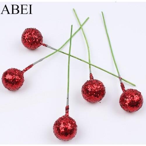 12mm 100pcs Artificial Flower Stamen Fake Berries Cherry Christmas Wedding Decoration Artificial Glitter Foam Fruits DIY