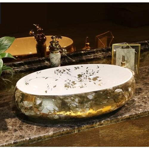 Chinese Antique ceramic sinks china wash basin Ceramic Counter Top oval gold ceramic Wash Basin Bathroom Sink