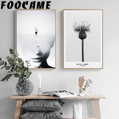Nordic Abstract Black and White Portrait Thistle Flower Decoration Painting Print Living Room Poster Wall Art Canvas Pictures