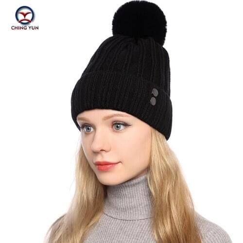 New Autumn Winter New Knitted Hat For Women Fashion Big Hair Ball Plus Velvet Double Thick Winter Warm Hedging hats Ear muff cap