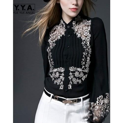 2020 New Office Ladies Blouses Vintage Embroidered Womens Shirts Elegant Lantern Sleeve Woman Shirt Hollow Out Slim Fit Camisas