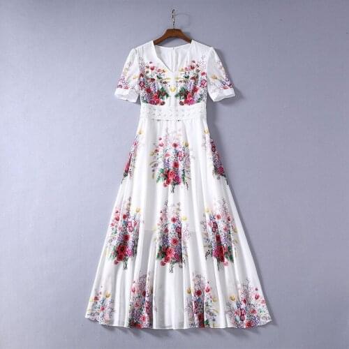 New European and American womens dresses for spring 2020 Short sleeve v-neck Fashionable printed beaded white dress