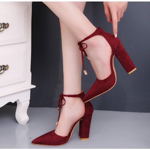Fall Lace-up Single Shoes Elegant High Heels Square Heel Suede Middle Hollow Work Shoes Sexy Womens Shoes Plus Size Pumps 42,43