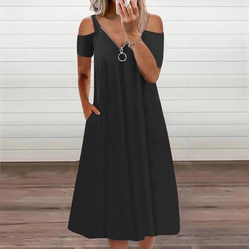 Summer Womens Sexy V-neck Zipper Dress Solid Color Casual Off-shoulder Short-sleeved Loose Mid-length Dress Plus Size Vestido