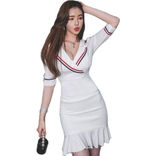 White A line office Dress one piece korean ladies Summer Short SLeeve V neck cabaret A line Sexy club Dresses for women