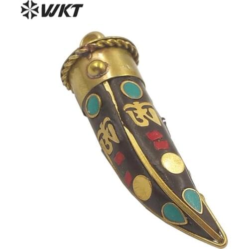 WT-P1527 Most populared stone vintage tibetan pendant long horn nepal pendant with brass cap pendant boho horn pendant