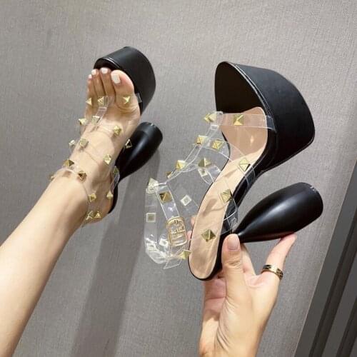 Black Transparent T Strap Heel Sandal Fashion Rivet White Platform Gladiator Sandals Strange Heeled Chunky Shoes Female Shoes