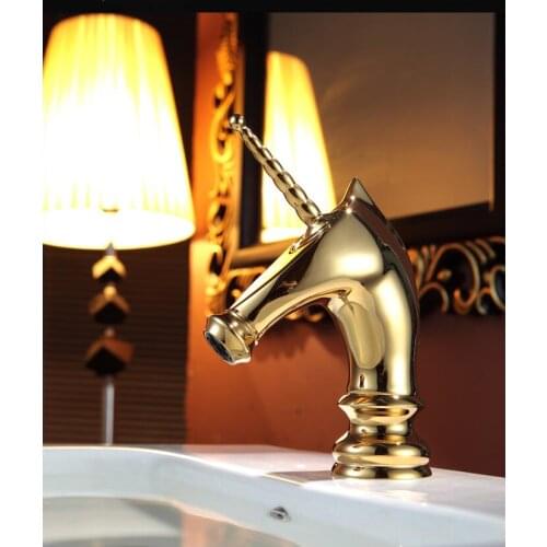 Free Shipping Unique Fashion Golden Brass Basin Faucet Deck Mounted Bathroom Horse Head Faucet Single Long Handle sink faucet
