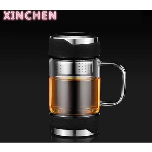 XINCHEN 350ML Glass Tea Water Bottle with Stainless Steel Tea Infuser Filter and Glass handle Tea Water Tumbler Man gift