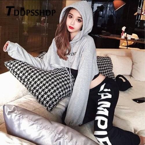 Europe and America Grey Color Hoodies Short Style Spring Long Sleeve Do Exercise Female Sweatshirt