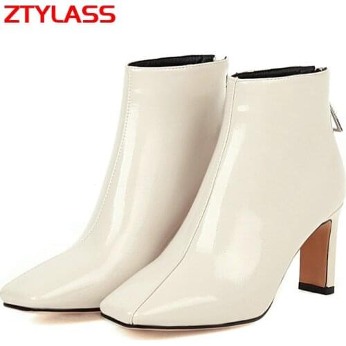Autumn Squae Toe Women Boots Fashion Metal Zipper Square High Heel Ankle Boots Winter Ladies Shoes Black Beige