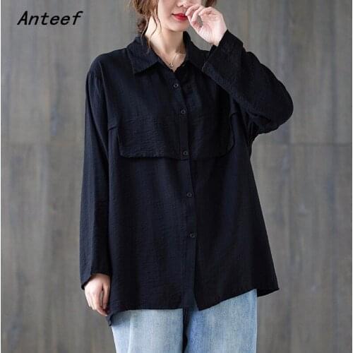 Anteef long sleeve shirts for vintage blouse Casual loose spring autumn tops women 2021 blouses button up shirt clothing