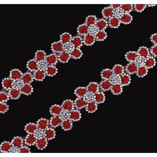 10Yard Newly Design Clear Beaded Red Rhinestone Applique Trim Hot-Fix Multi Crystal Chain Trimming For Girl Bridal Dress