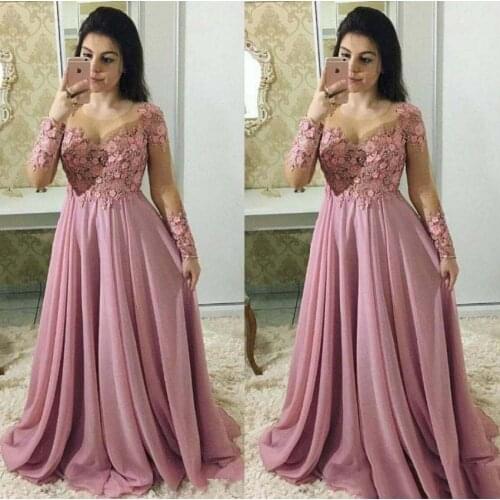 Dusty Pink Mother Of The Bride Dresses With Long Sleeves Wedding Guest Dress Chiffon Lace Plus Size Evening Gown
