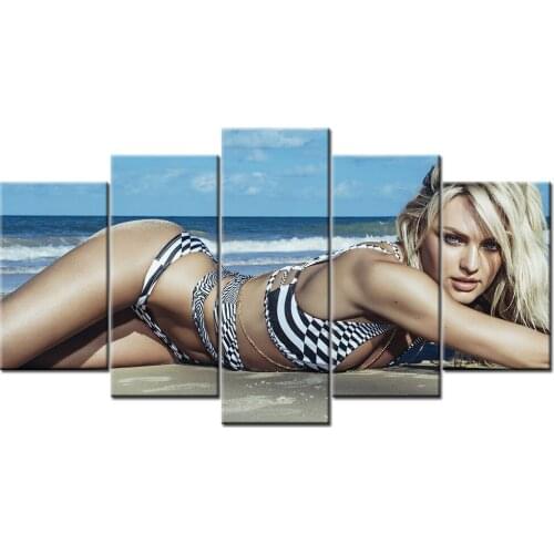 5 Piece Canvas Paintings Blonde Girl on the Beach Modern Poster Wall Art Picture For Living Room Decor Ready to Hang
