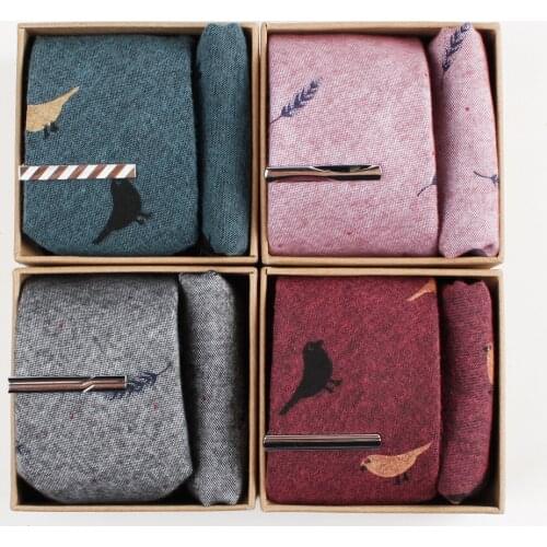 6 Cm Wide Pure Cotton Cartoon Printing Man Tie,Handkerchief, Tie Clip Gift Box Packing Many Color
