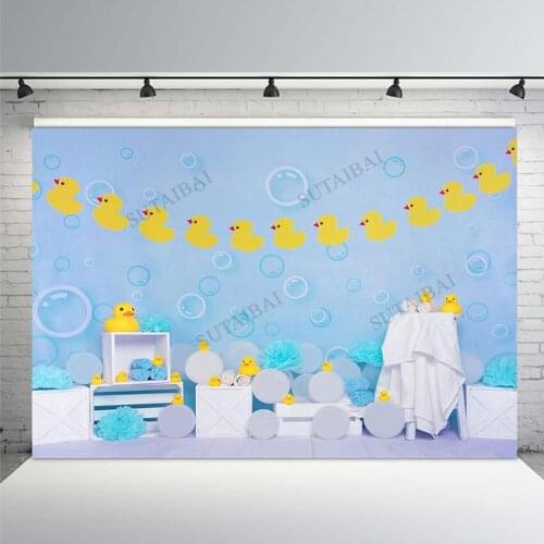 Yellow Rubber Duck Backdrop for Photography Newborn Baby Shower Sea Bubble Blue Decoration Banner Backgrounds Photo Studio Props