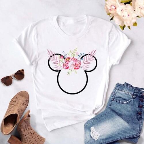 Harajuku Cartoon Cute Funny Mickey Mouse Head Flower Print T-shirt Women Summer Tops Streetwear Sweet Girls Tee Shirt Female