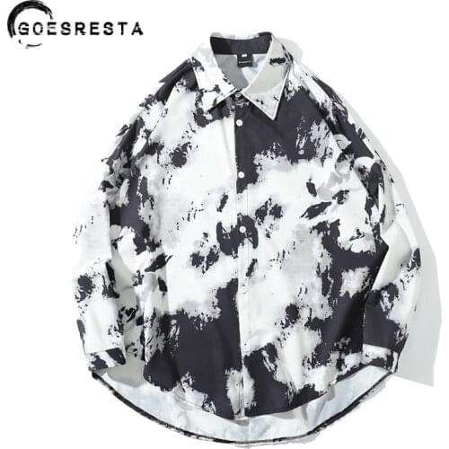 Hip Hop Loose Men Shirt Full Sleeve Streetwear Ink Gradient Hawaiian Shirts Oversized Summer Autumn Harajuku Korean Shirt Men