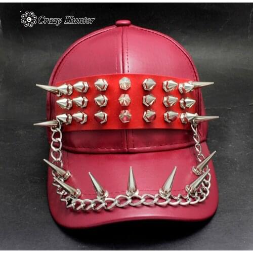 Pink Red Leather Stud Rivet chain Spike Punk Rock Cap Star Hat Ladies womens Hip Hop