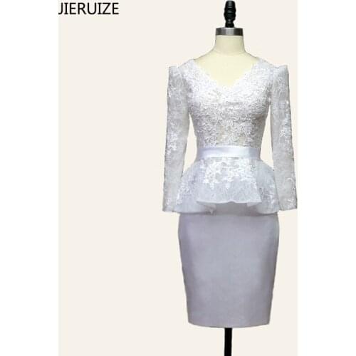 JIERUIZE Little White Dress White Lace Peplum Short Evening Dresses Formal Dresses 3/4 Sleeves Mother of the Bride Dresses