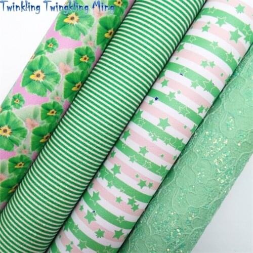 Twinkling Twinkling Green Lace Glitter Leather Faux Vinil Fabric Felt Backing Stripes Flowers Printed Fabric Vinyl 21X29CM KM551