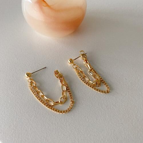 Minimalist Gold Color Linked Chain Tassel Earrings for Women Mujer Alloy Double Layered Cuban Chain Drop Earrings Party Jewelry