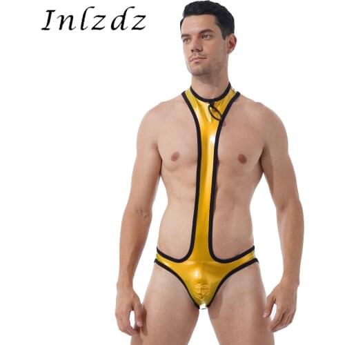 Mens Lingeire Bodysuit Underwear O Ring Patent Leather Club Bar Sexy Costume Round Neck Bulge Pouch Open Butt Bodysuit Underwear